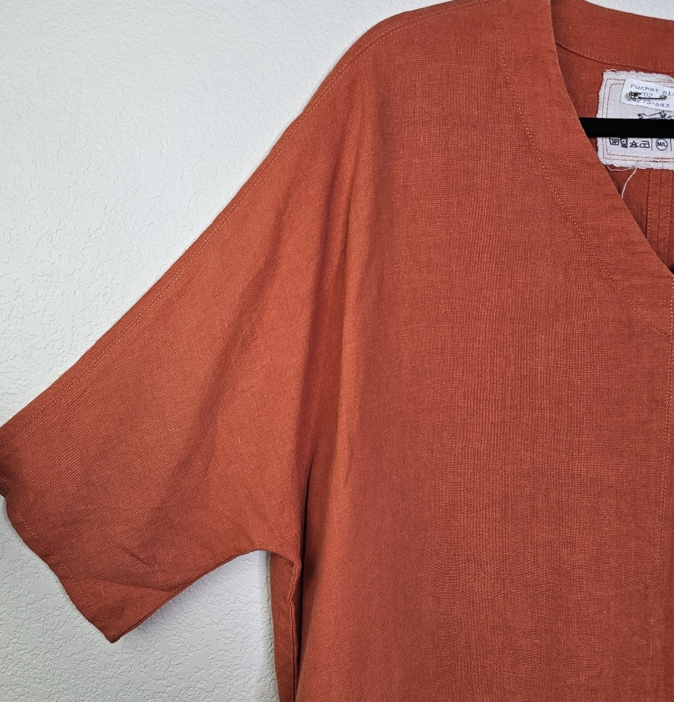 Not Perfect Linen Burnt Orange Oversized Shift Caftan Pocket Dress M/L - Picture 3 of 9